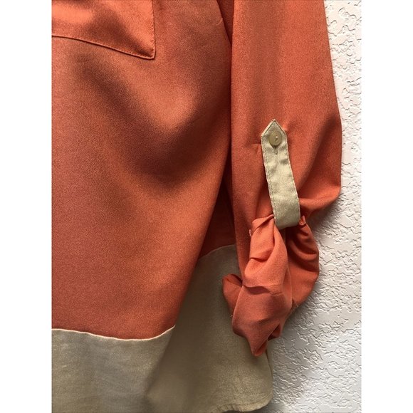 Notations Peach Color Block Button Up Womens Roll Tab Sleeve Blouse Plus Sz XL - Picture 3 of 7